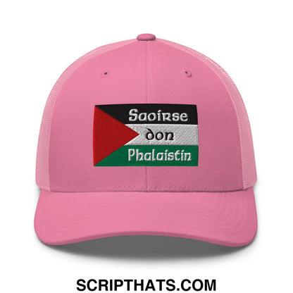 Pink mesh trucker hat with embroidered palestinian flag patch and irish gaelic text saoirse don phalaistin