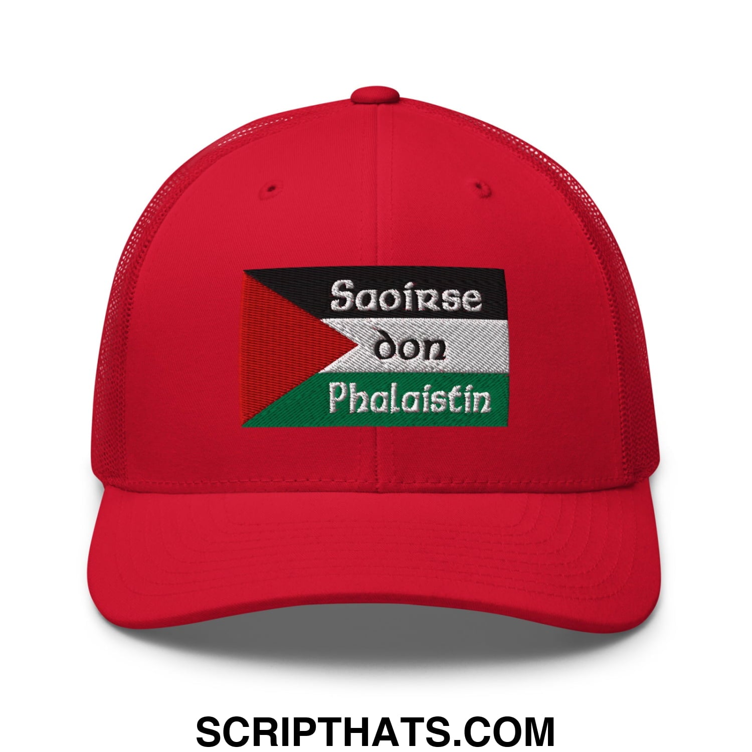 Red mesh trucker hat featuring an embroidered patch with the palestinian flag and text saoirse don phalaistin