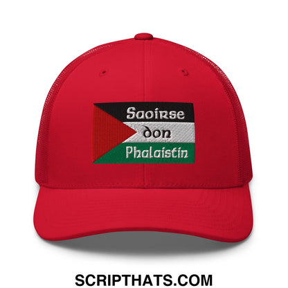 Red mesh trucker hat featuring an embroidered patch with the palestinian flag and text saoirse don phalaistin