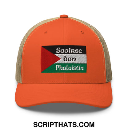 Orange trucker hat with beige mesh back and embroidered palestinian flag patch with saoirse don phalaistin text
