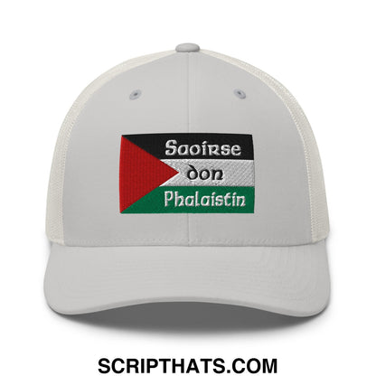 White mesh trucker hat with embroidered palestinian flag patch and gaelic text from saoirse don phalaistin collection