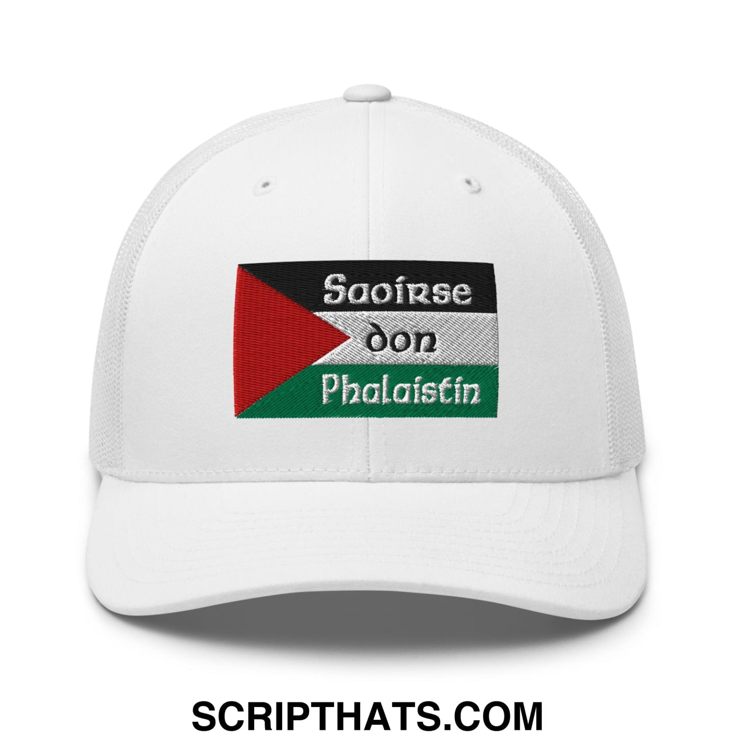 White mesh trucker hat with embroidered palestinian flag patch and irish gaelic text saoirse don phalaistin
