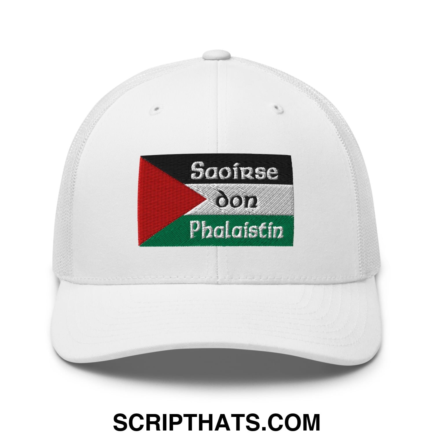 White mesh trucker hat with embroidered palestinian flag patch and irish gaelic text saoirse don phalaistin