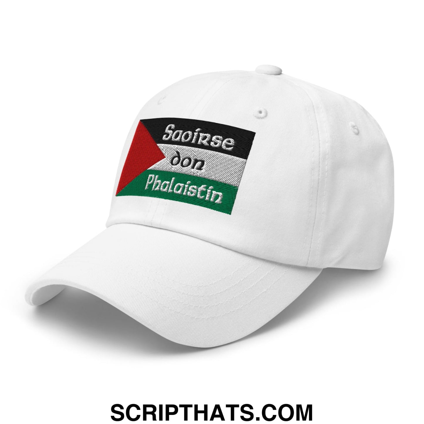 White unstructured dad hat featuring an embroidered palestinian flag patch with the text saoirse don phalaistin