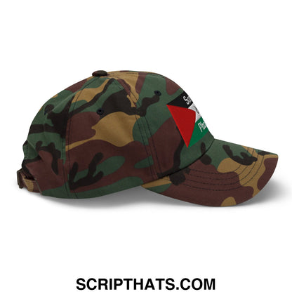 Camouflage unstructured dad hat with an embroidered palestinian flag patch on the front for casual wear