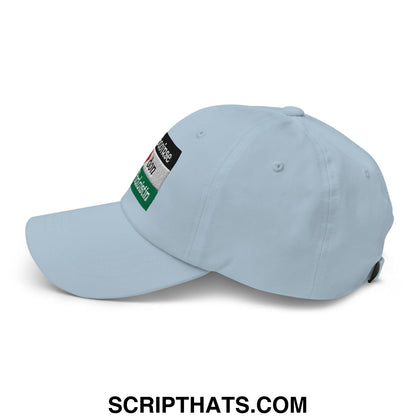 Light blue embroidered unstructured dad hat with black white and green patch on the side for casual wear