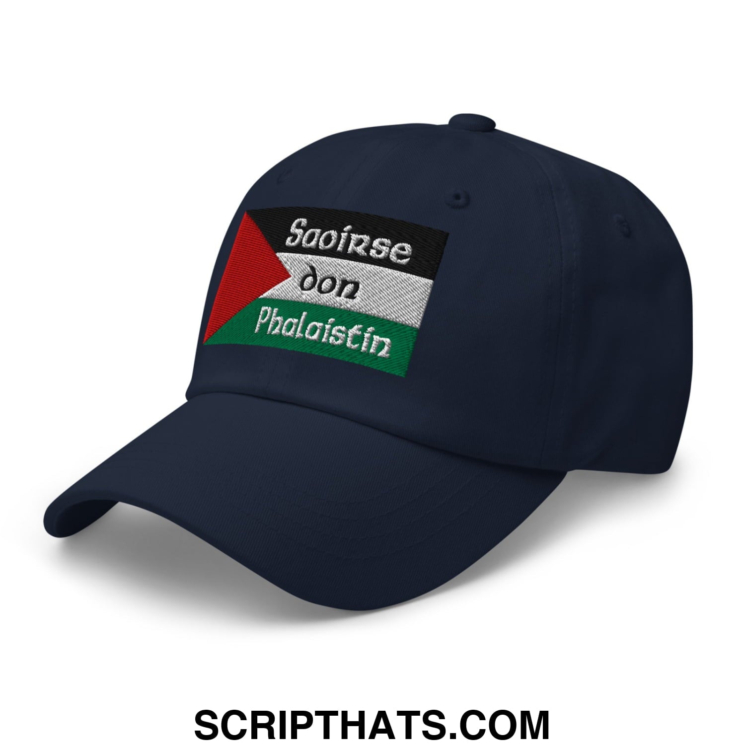 Dark navy unstructured dad hat with embroidered palestinian flag patch and text saairse don phalaistin