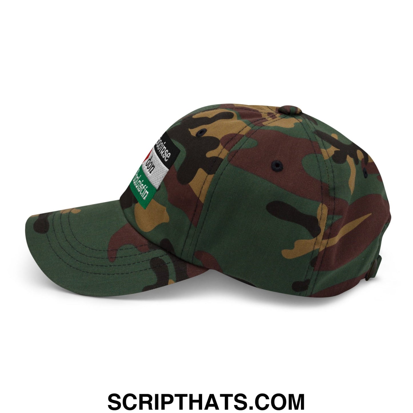 Saoirse don Phalaistin embroidered unstructured dad hat with green brown and black camouflage pattern baseball cap