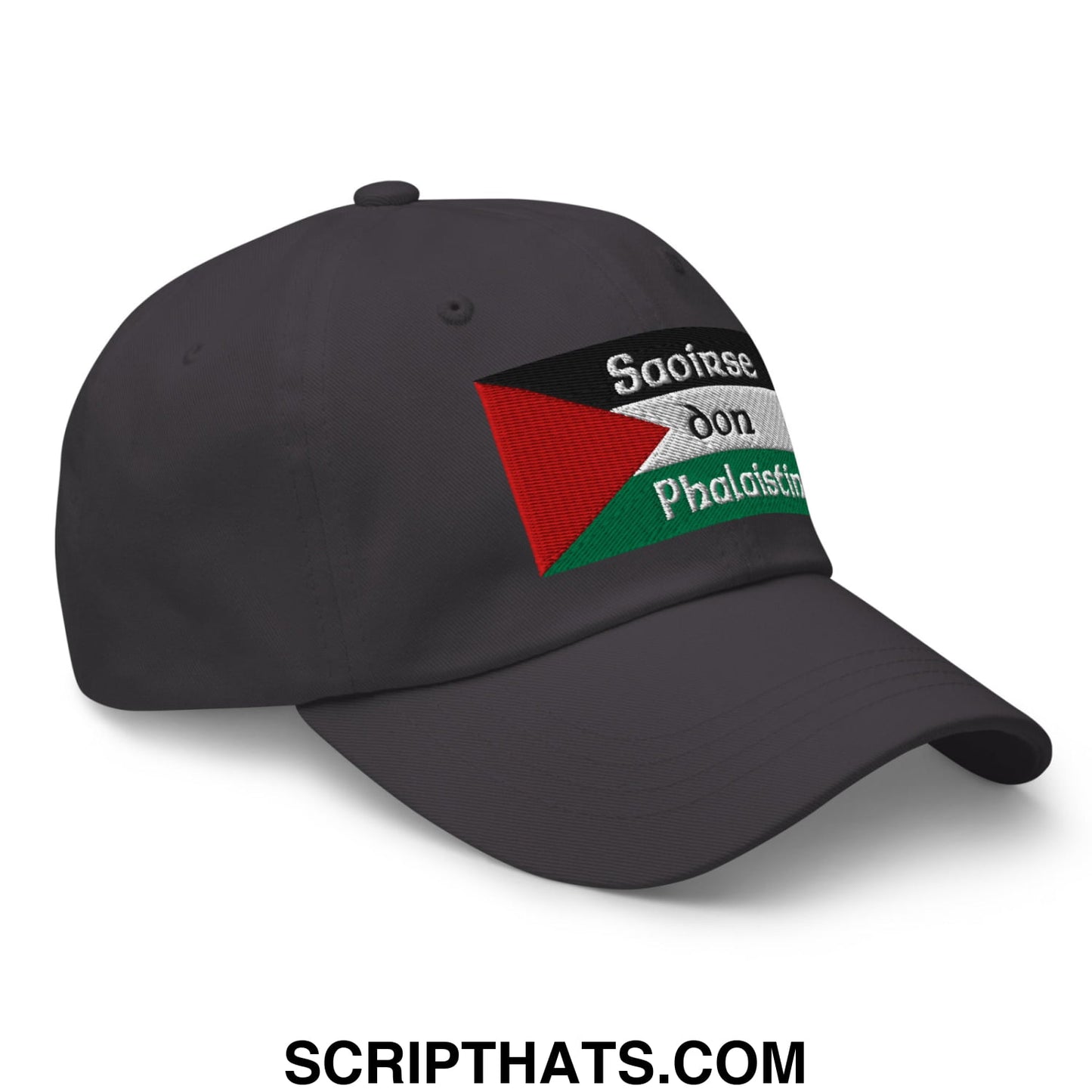 Dark gray unstructured dad hat with embroidered palestinian flag and white saoirse don phalaistin text