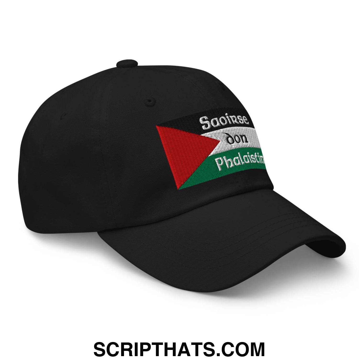 Black unstructured dad hat with embroidered palestinian flag and white text saoirse don pholaistí on front