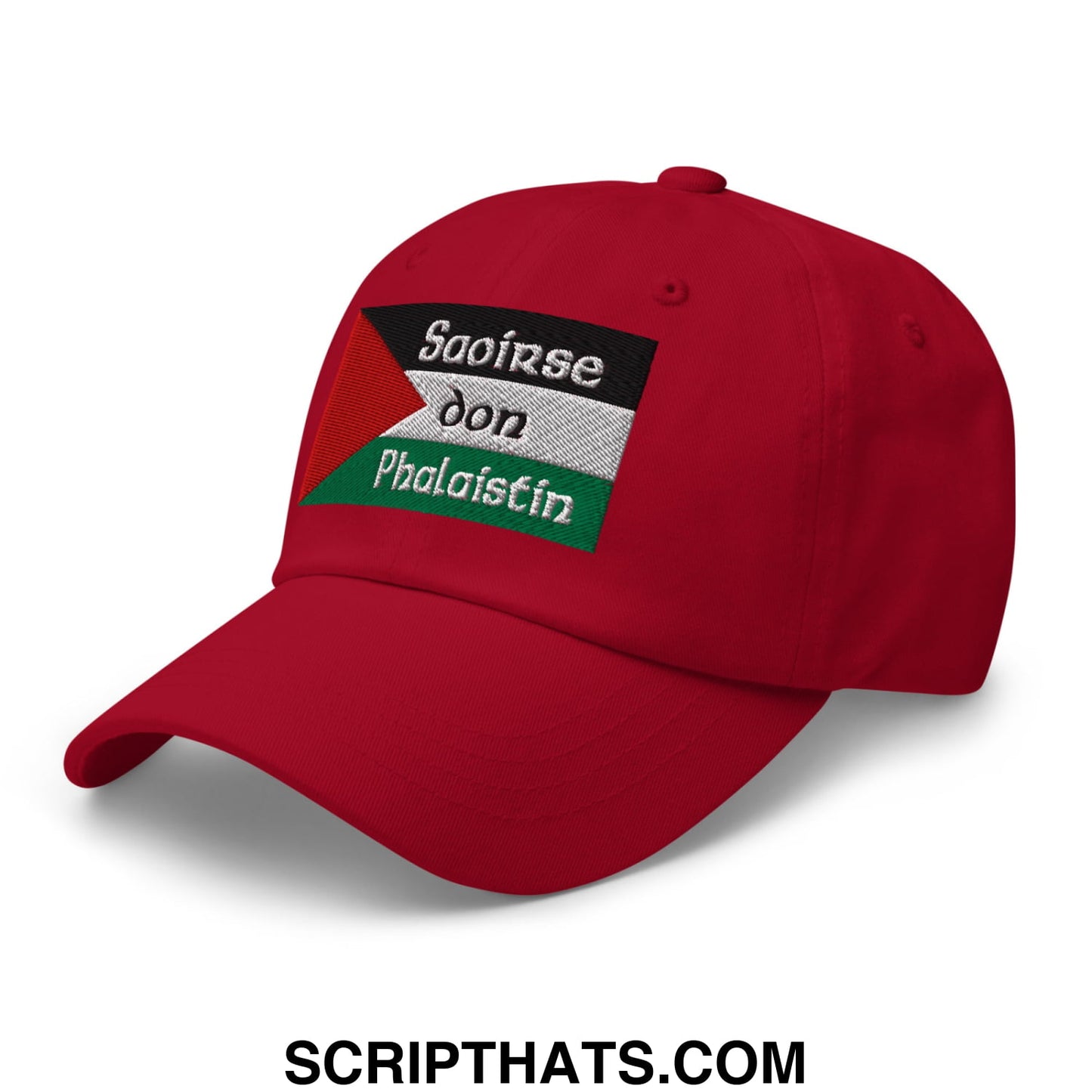 Red unstructured dad hat with embroidered palestinian flag patch and irish gaelic text for casual wear