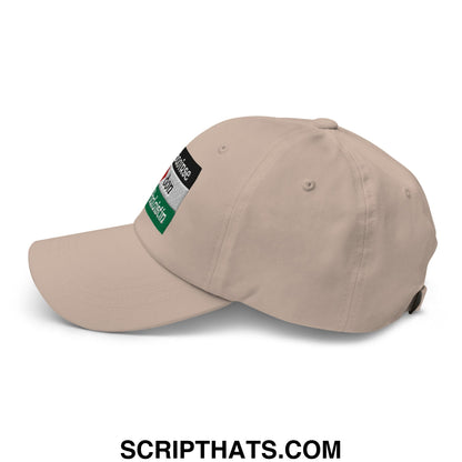 Beige unstructured dad hat with embroidered palestine flag patch and text showing the back side of the cap