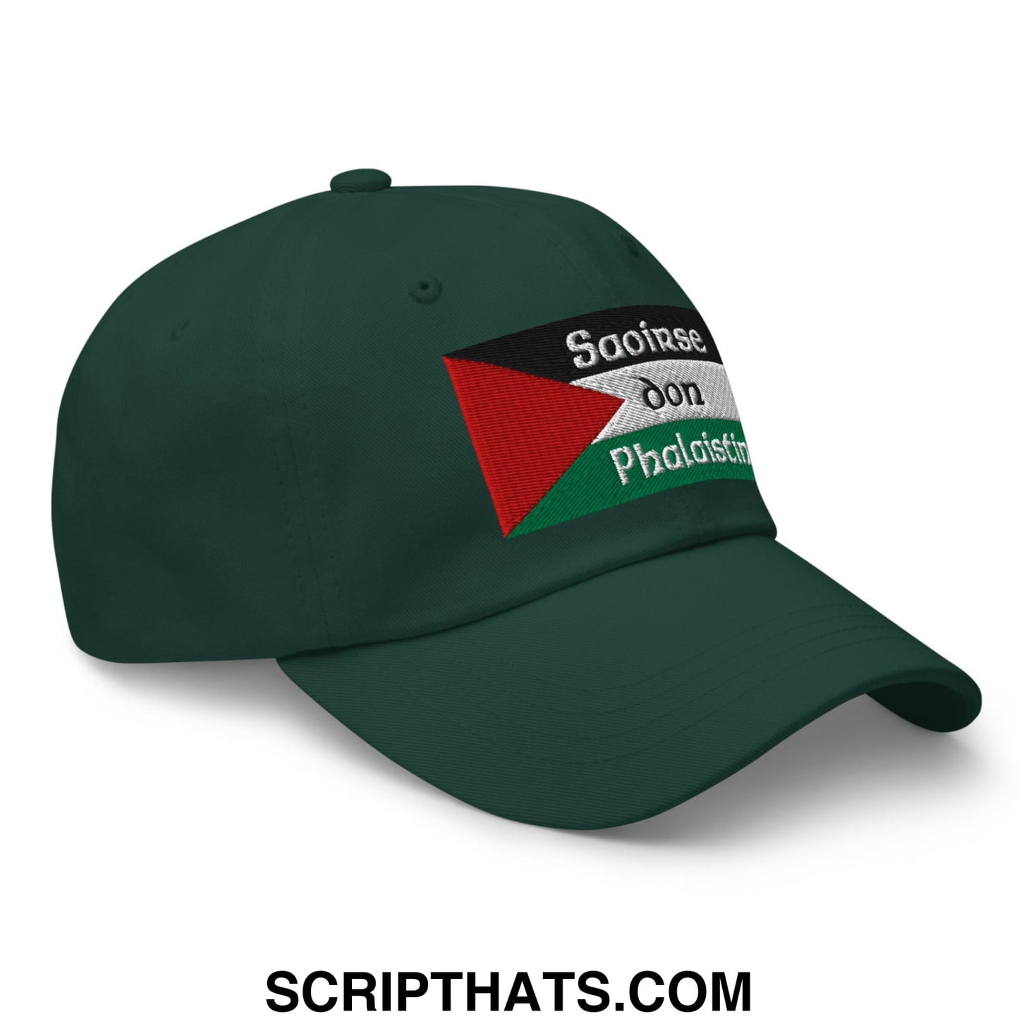 Dark green unstructured dad hat with embroidered palestinian flag and white saoirse don phalaistin text