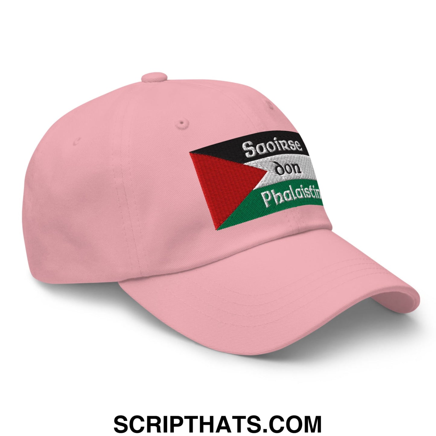 Pink unstructured dad hat with embroidered palestinian flag and white sooirse don phalaistin text on front