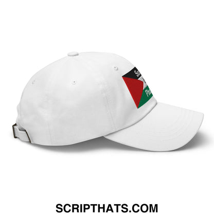 White embroidered unstructured dad hat with palestinian flag patch on the side for casual wear