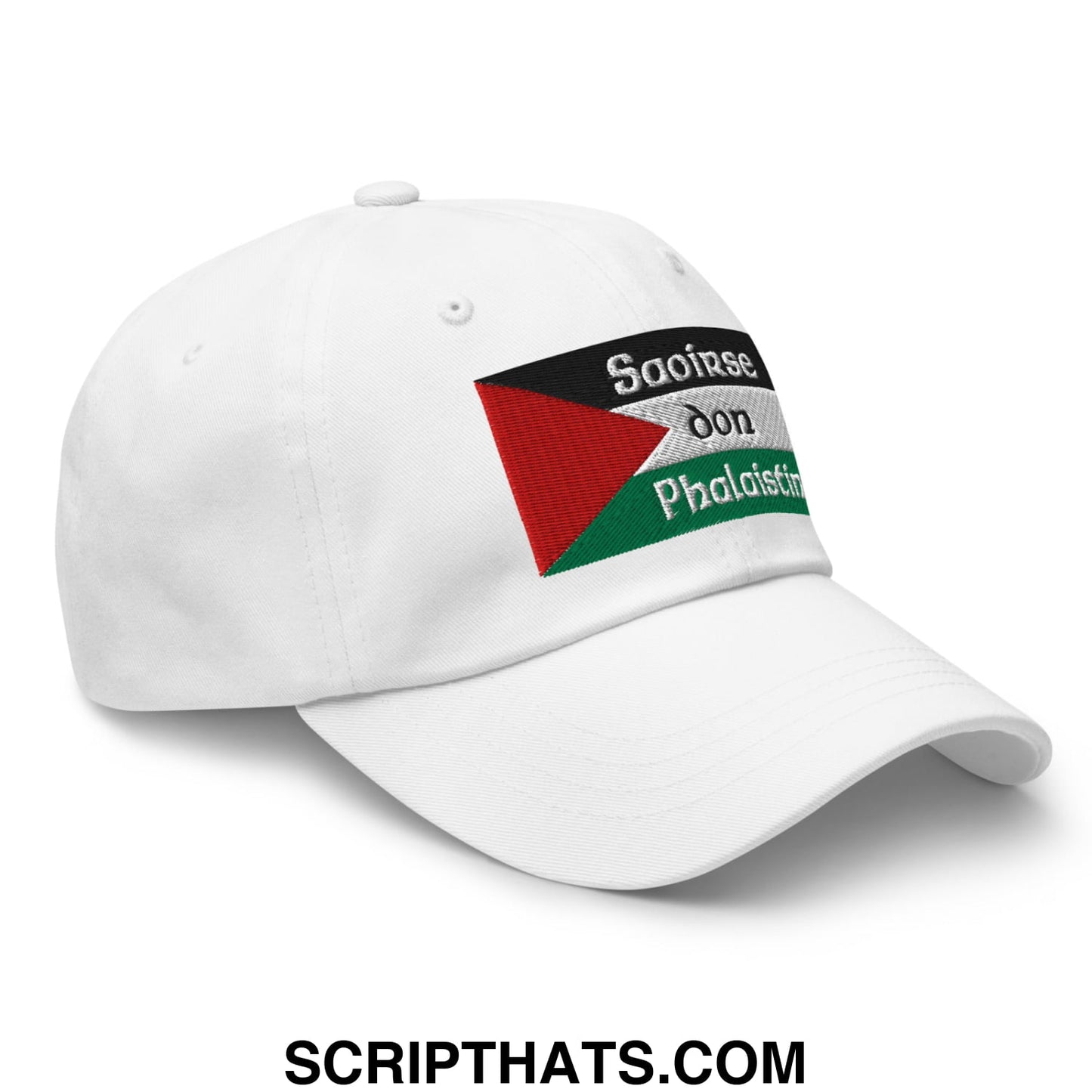White embroidered unstructured dad hat with palestinian flag and black and white sooirse don phalaistin text
