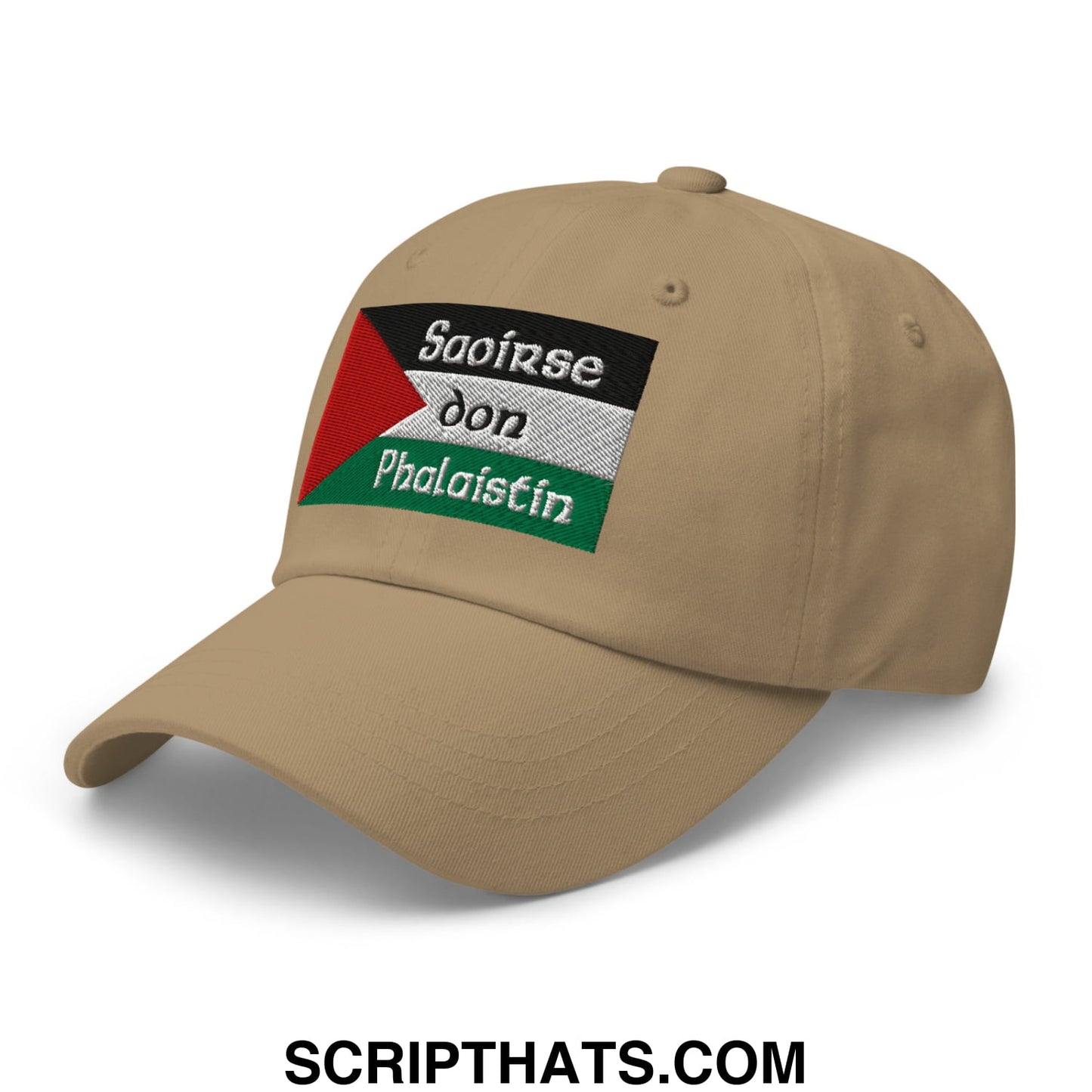 Beige unstructured dad hat with palestinian flag embroidered patch and text saoirse don phalaistin on front