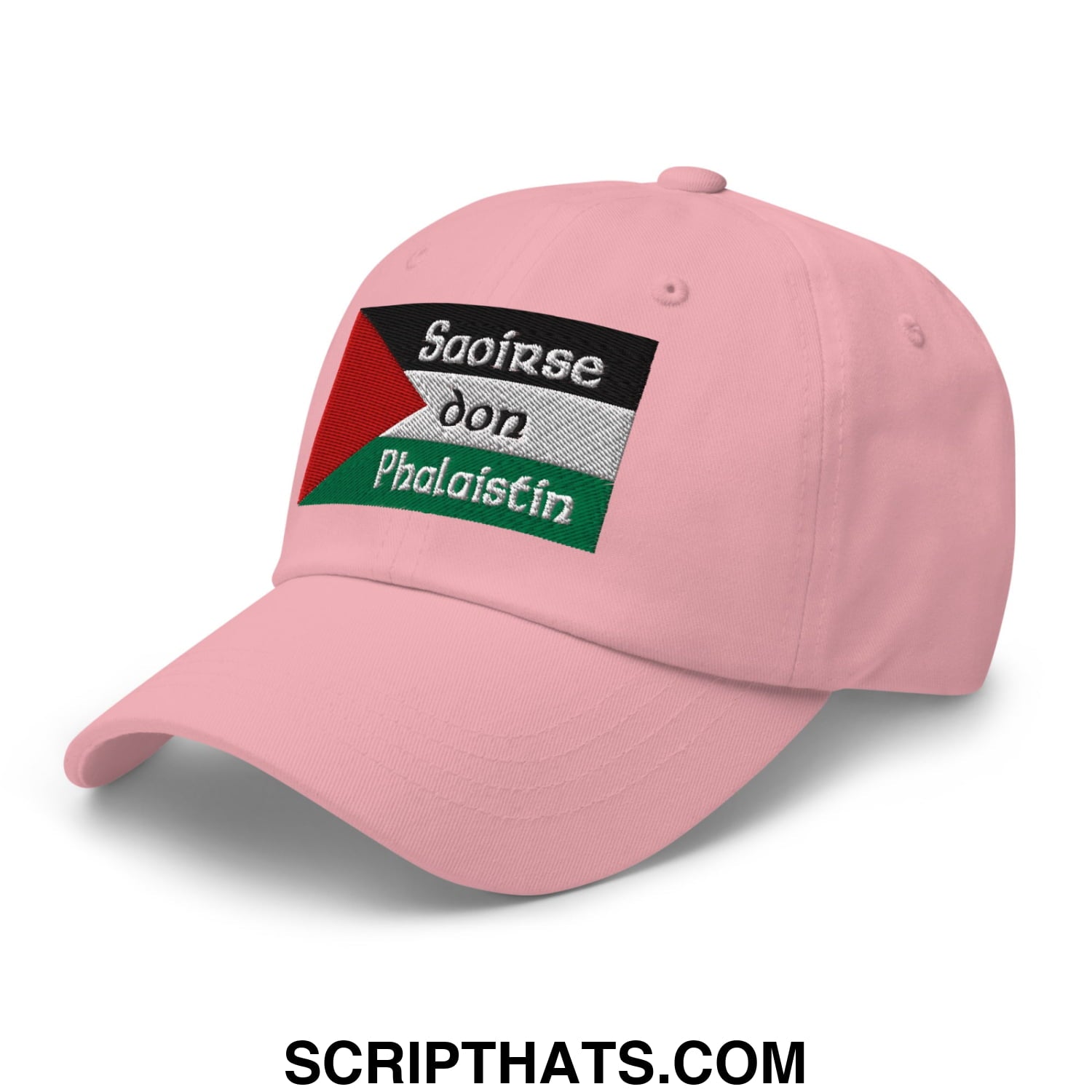Pink unstructured dad hat with palestinian flag embroidered patch and irish gaelic text for casual wear