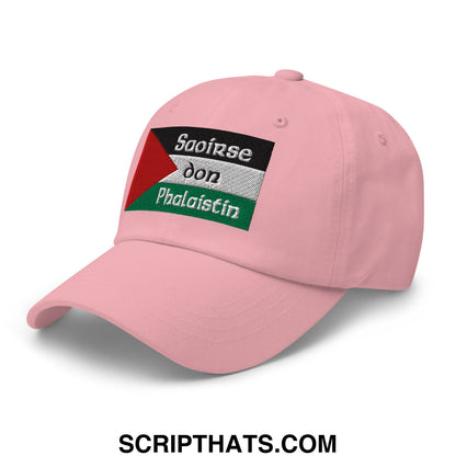 Pink unstructured dad hat with palestinian flag embroidered patch and irish gaelic text for casual wear