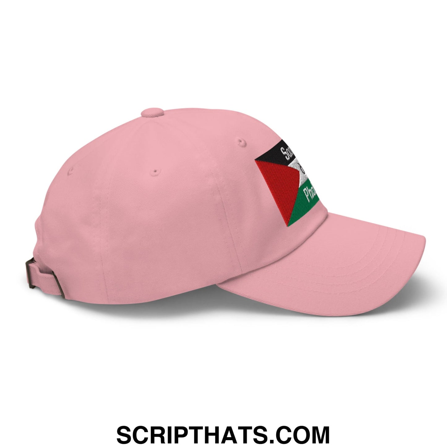 Pink unstructured dad hat featuring an embroidered patch with the palestinian flag design from saoirse don phalaistin