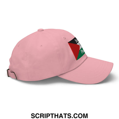 Pink unstructured dad hat featuring an embroidered patch with the palestinian flag design from saoirse don phalaistin