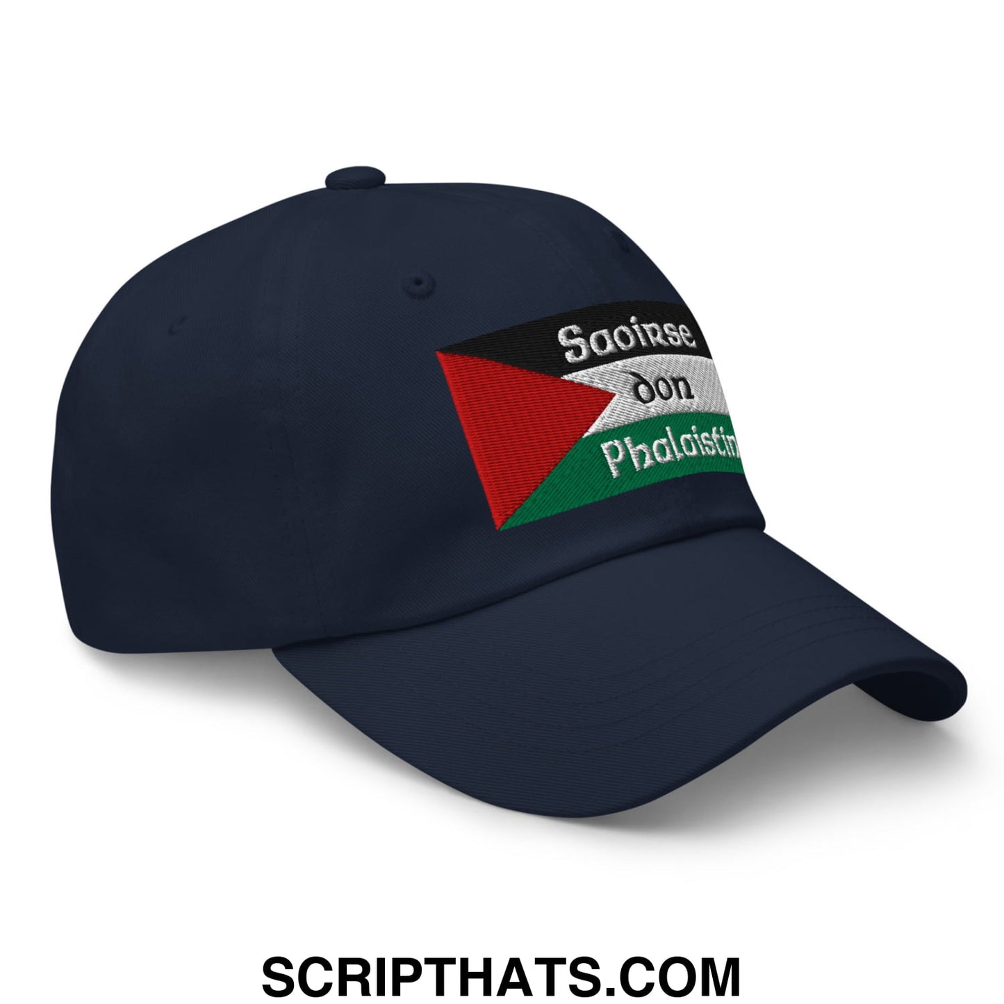 Navy blue unstructured dad hat with embroidered palestinian flag and sooirse don phalaistin text in white lettering