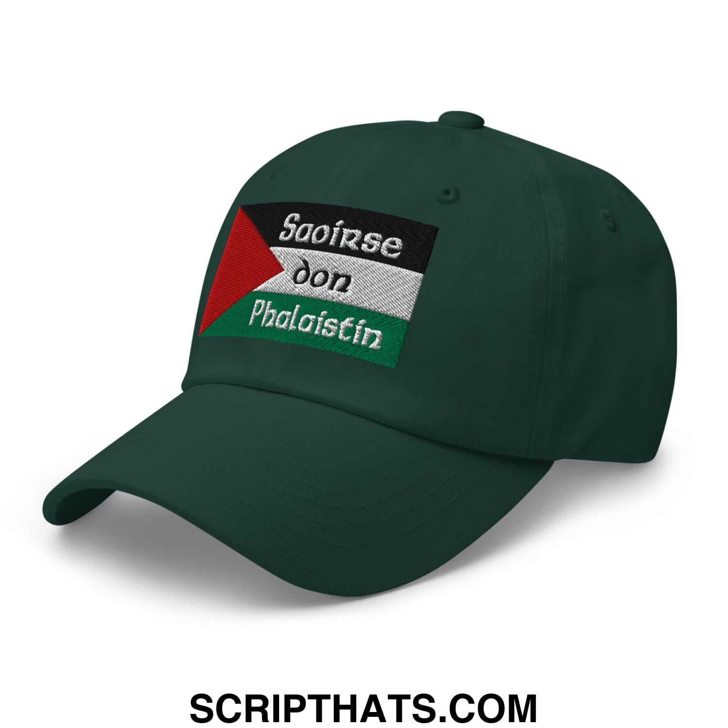 Dark green unstructured dad hat with embroidered palestinian flag patch and text saoirse don phalaistin