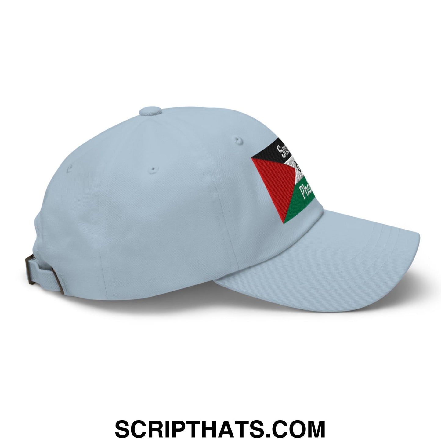 Light blue unstructured dad hat featuring a palestinian flag patch on the side by saoirse don phalaistin