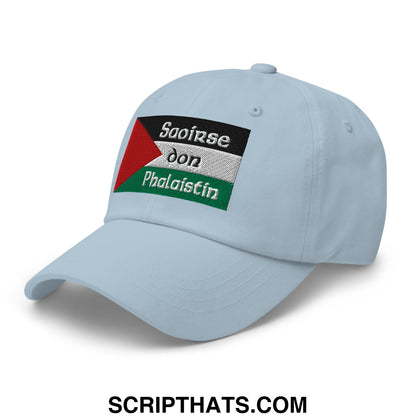 Light blue unstructured dad hat with embroidered palestinian flag patch and irish gaelic text front view