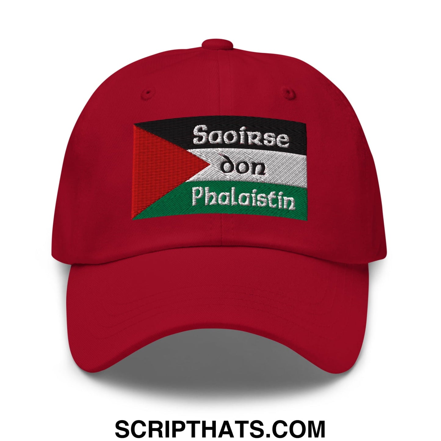Red unstructured dad hat with embroidered palestinian flag and white saoirse don phalaistin text on front