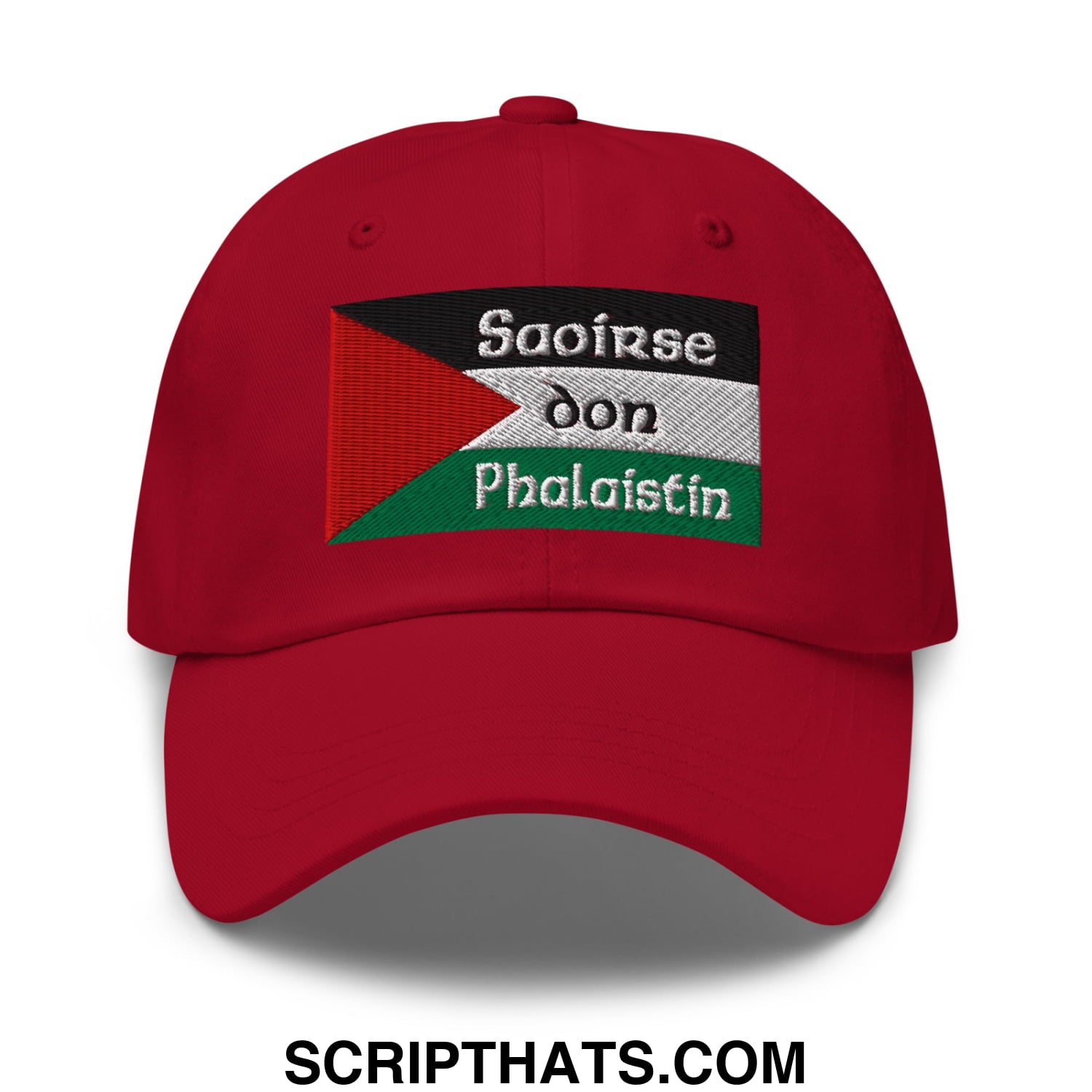 Red unstructured dad hat with embroidered palestinian flag and white saoirse don phalaistin text on front