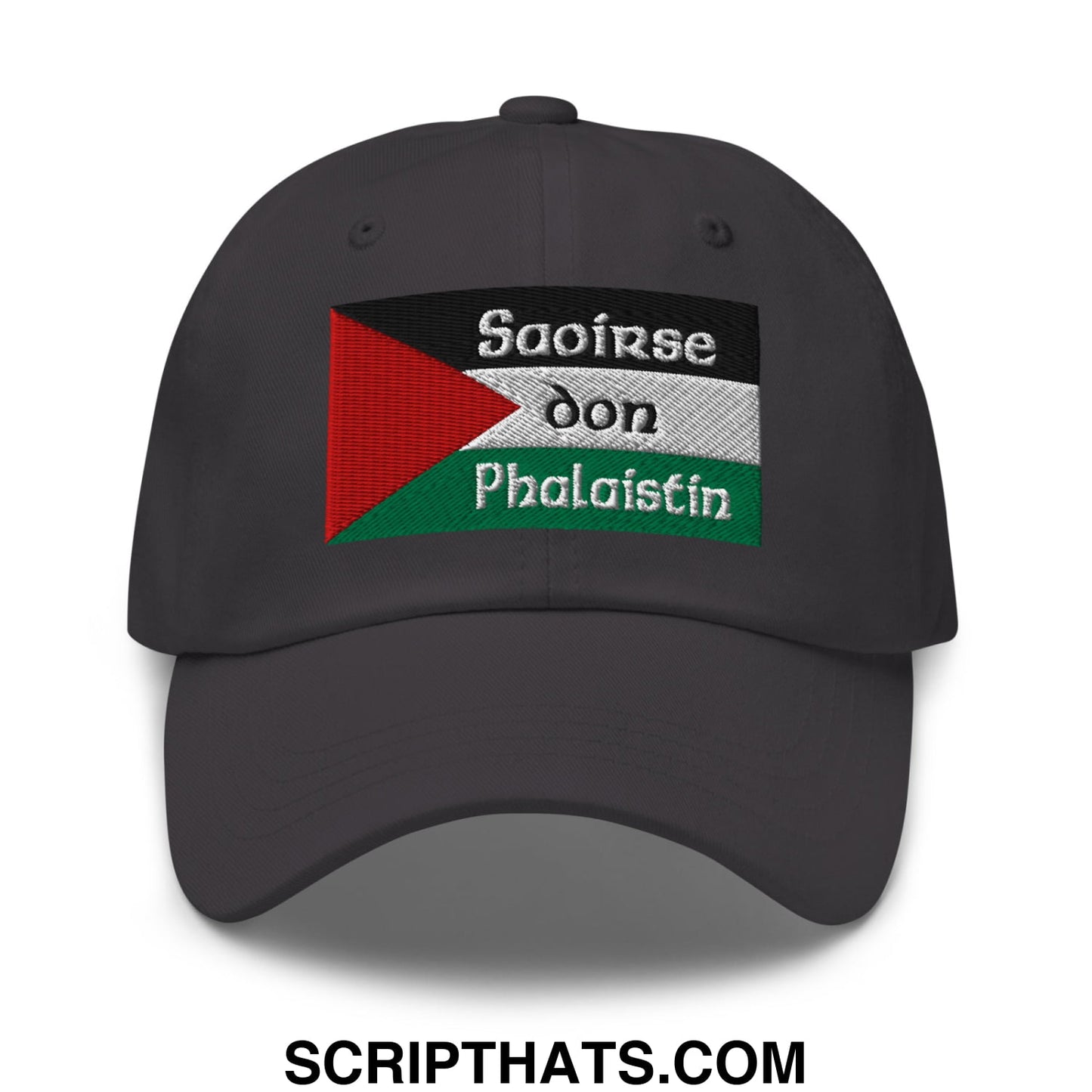 Dark gray unstructured dad hat with palestinian flag patch and white saoirse don phalaistin embroidery