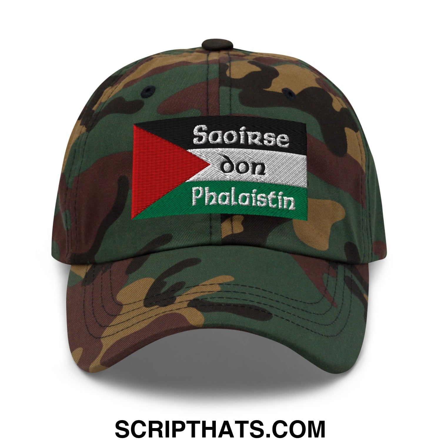 Camouflage baseball cap with palestinian flag embroidered patch and irish gaelic text unstructured dad hat
