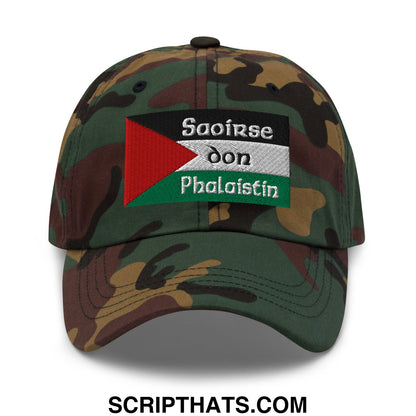Camouflage baseball cap with palestinian flag embroidered patch and irish gaelic text unstructured dad hat