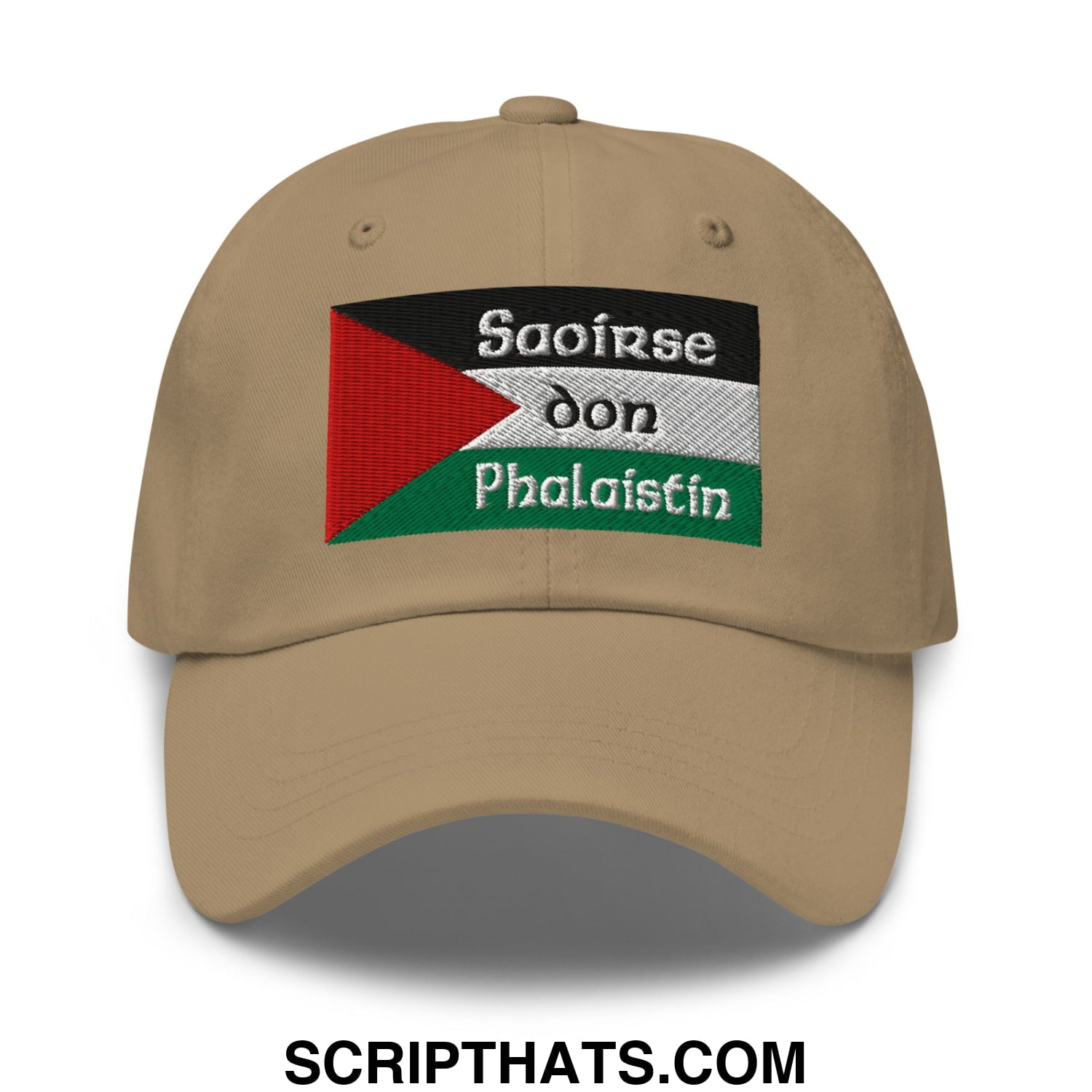 Beige saoirse don phalaistin embroidered unstructured dad hat with palestinian flag in white black and green thread