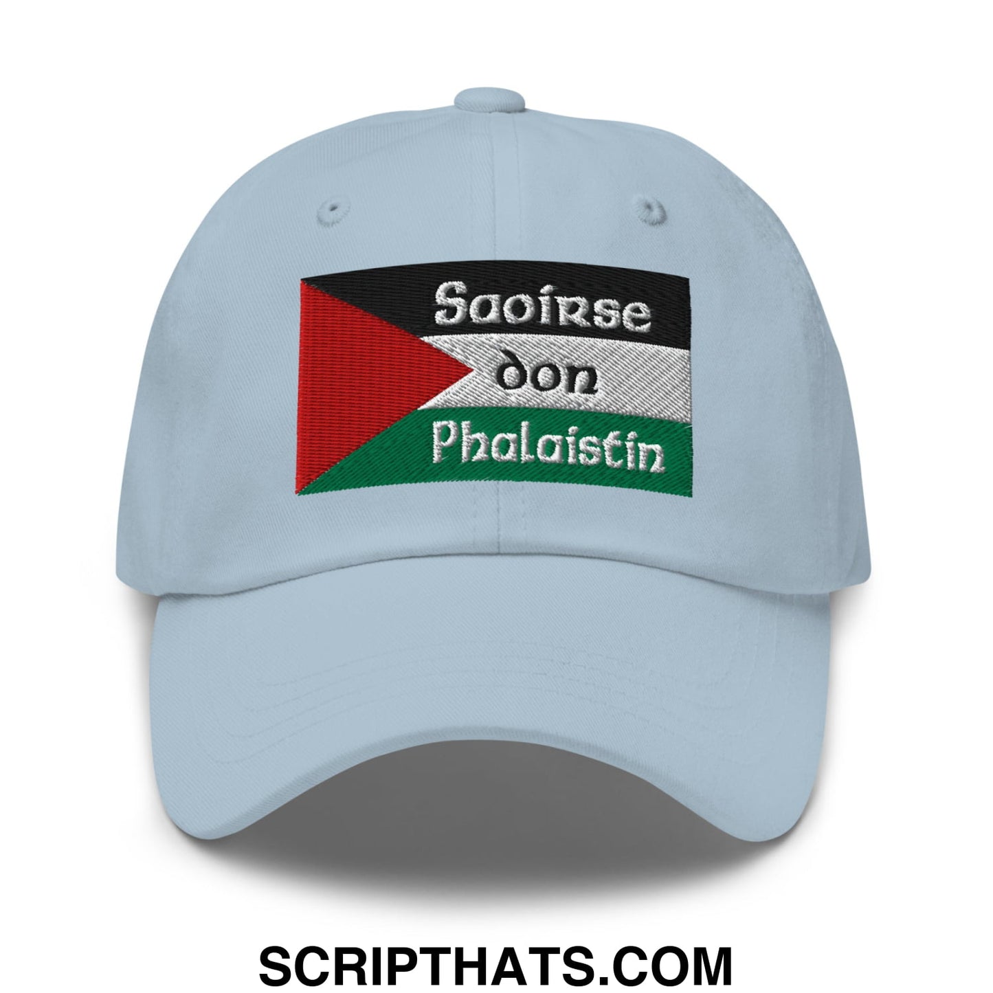 Light blue unstructured dad hat with embroidered palestinian flag patch and saoirse don phalaistin white lettering