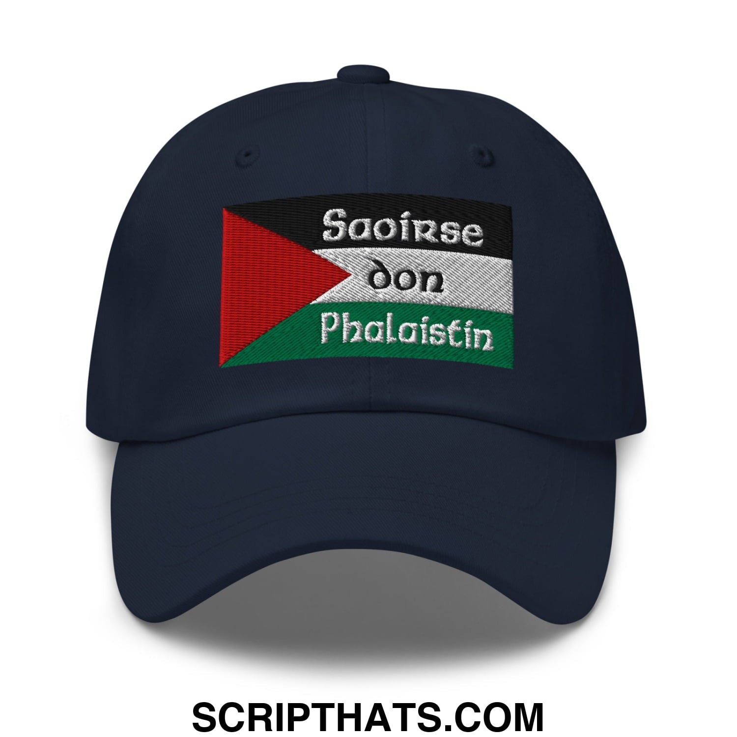 Navy blue unstructured dad hat with embroidered palestinian flag and white saoirse don phalaistin text