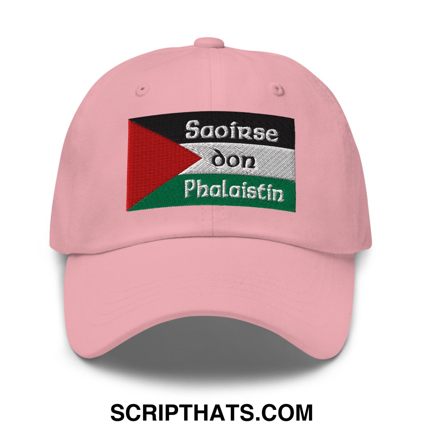Pink embroidered unstructured dad hat featuring palestinian flag and saoirse don phalaistin text in white and black thread