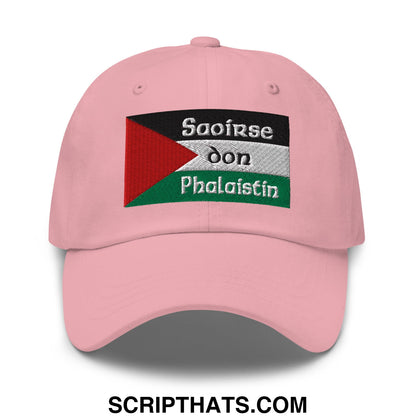 Pink embroidered unstructured dad hat featuring palestinian flag and saoirse don phalaistin text in white and black thread