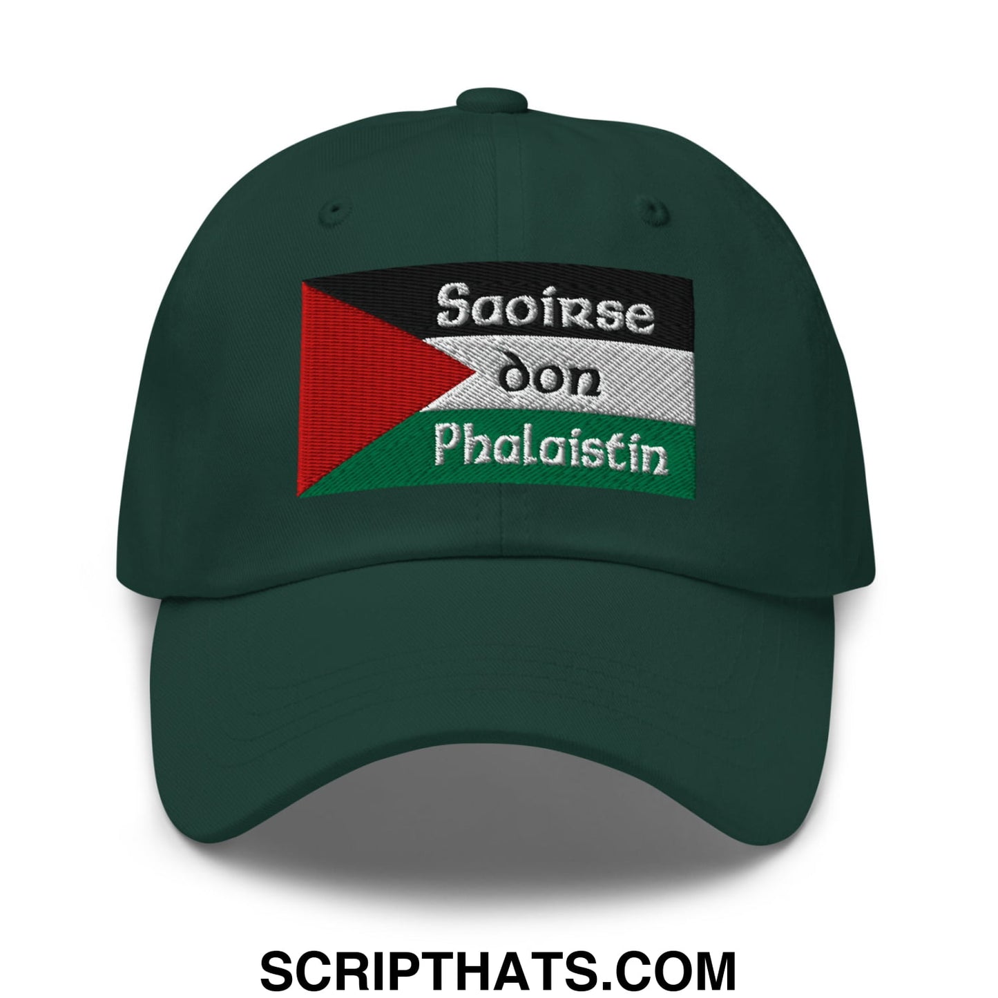 Dark green unstructured dad hat with embroidered palestinian flag and white saoirse don phalaistin text