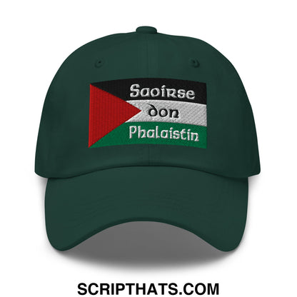 Dark green unstructured dad hat with embroidered palestinian flag and white saoirse don phalaistin text