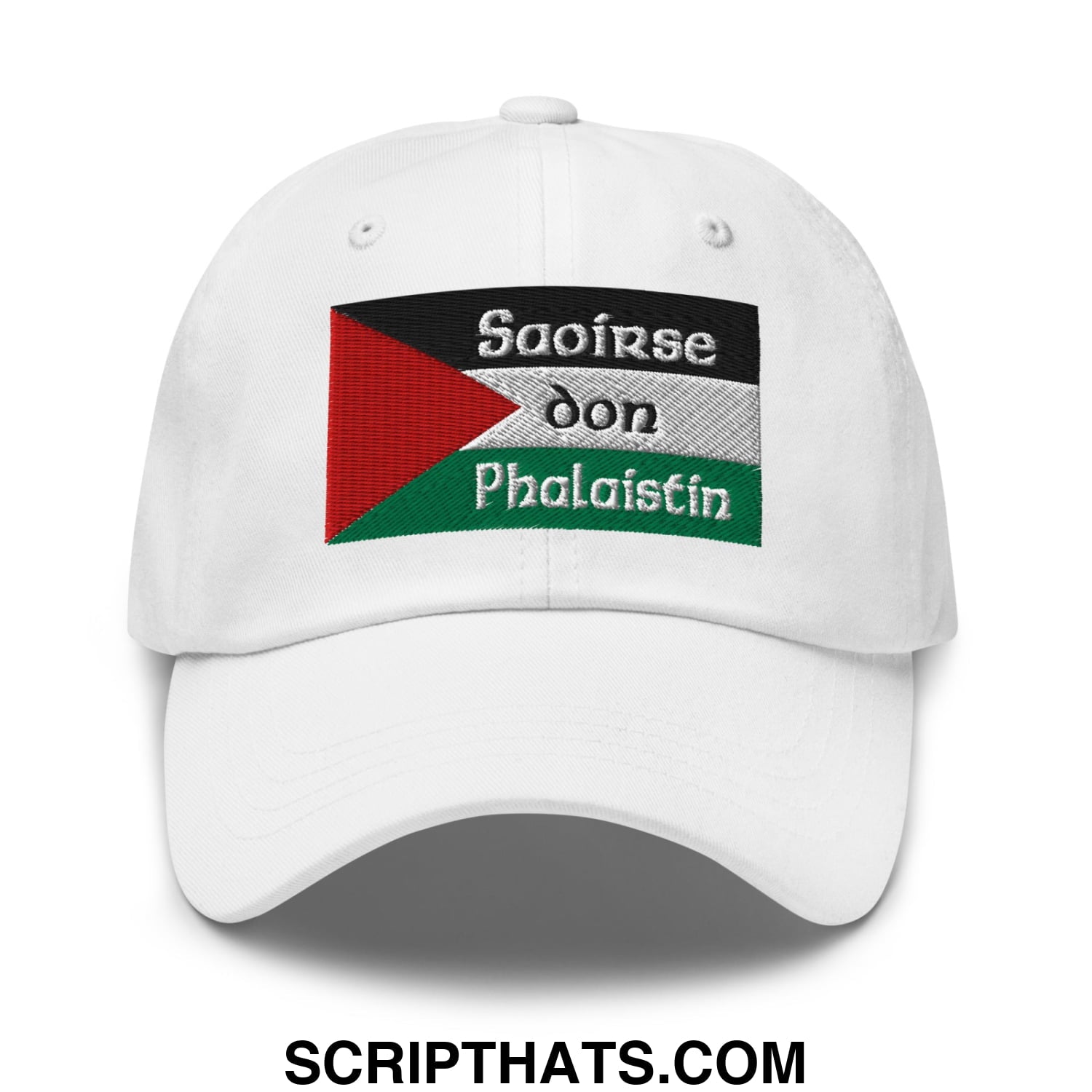 White unstructured dad hat with palestinian flag patch and black silver red green embroidered text saoirse don phalaistin