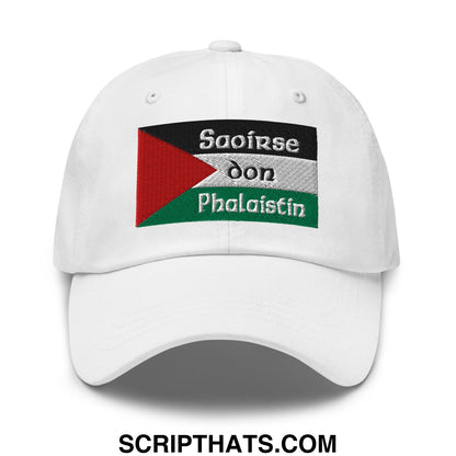 White unstructured dad hat with palestinian flag patch and black silver red green embroidered text saoirse don phalaistin