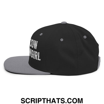 Save a Cow Eat a Cowgirl Embroidered Flat Bill Brim Snapback Hat Black Silver