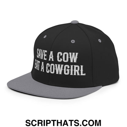 Save a Cow Eat a Cowgirl Embroidered Flat Bill Brim Snapback Hat Black Silver