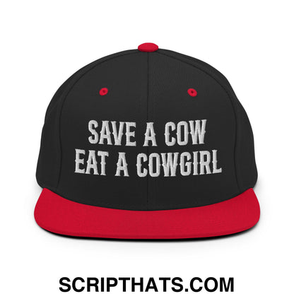 Save a Cow Eat a Cowgirl Embroidered Flat Bill Brim Snapback Hat Black Red