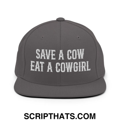 Save a Cow Eat a Cowgirl Embroidered Flat Bill Brim Snapback Hat Dark Grey