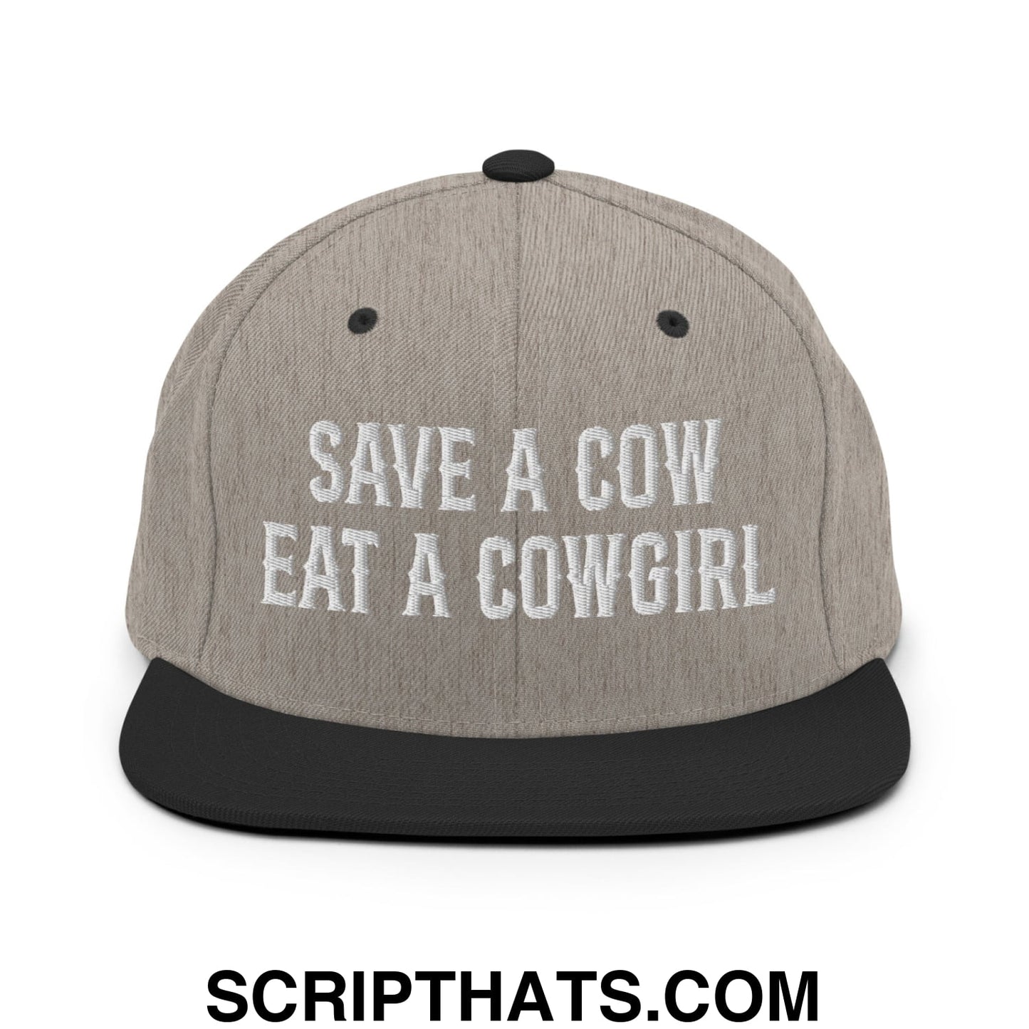 Save a Cow Eat a Cowgirl Embroidered Flat Bill Brim Snapback Hat Heather Black