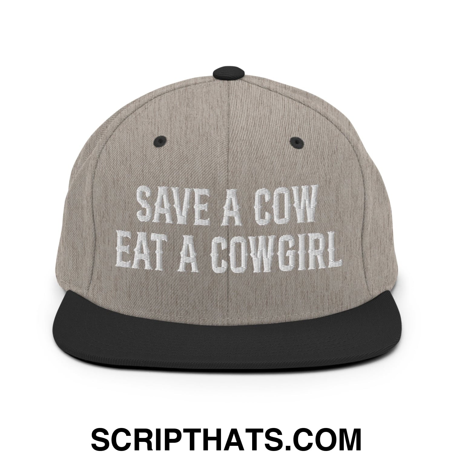 Save a Cow Eat a Cowgirl Embroidered Flat Bill Brim Snapback Hat Heather Black