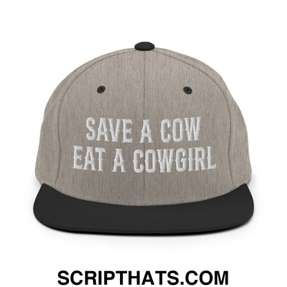 Save a Cow Eat a Cowgirl Embroidered Flat Bill Brim Snapback Hat Heather Black